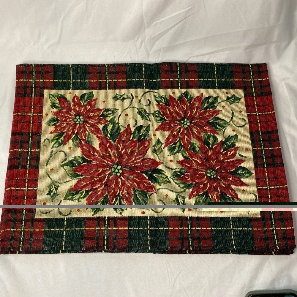 Set Of 4 Vintage Tapestry Christmas Poinsettia Placemats With Red/Green Plaid